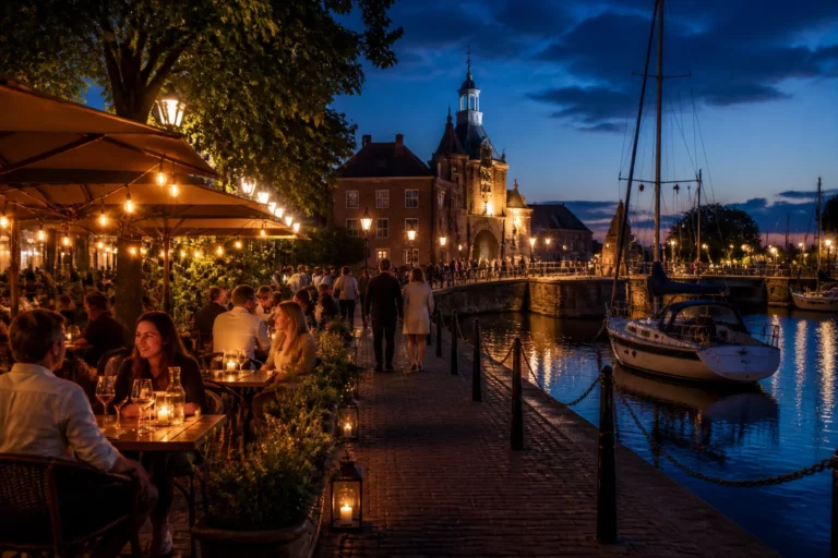 gezellig gevuld terras bij historische sluis in de Weerribben met etende gasten en zicht op de verlichte havenkolk
