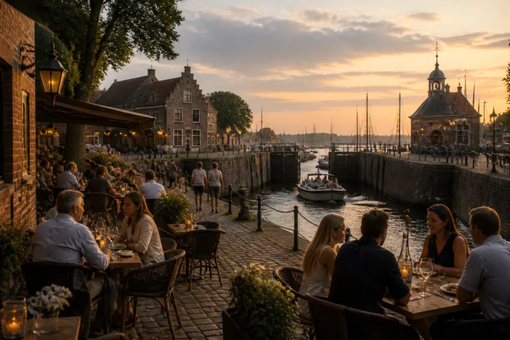 historisch terras aan een sluis waar mensen in de avond dineren met uitzicht op een oude havenkolk
