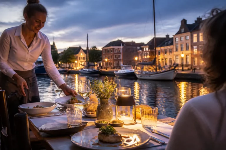 gedekte buitentafel aan de sluis van blokzijl met diner en uitzicht op de oude haven