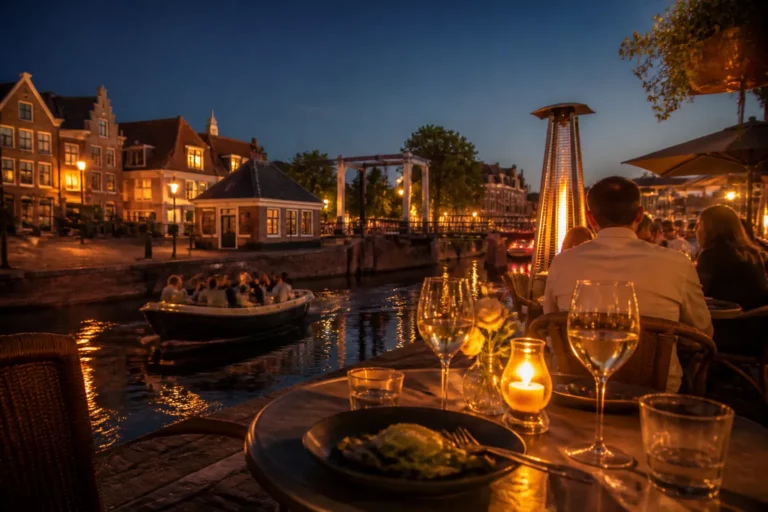 gezellig verlicht terras aan de sluis in blokzijl bij schemering met dinerende gasten