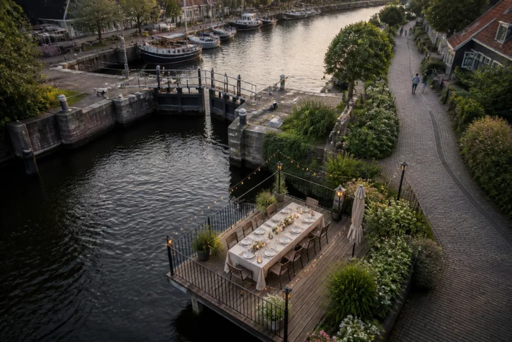 gedekte eettafel aan het water naast de sluis in blokzijl met boten en wandelpad op de achtergrond