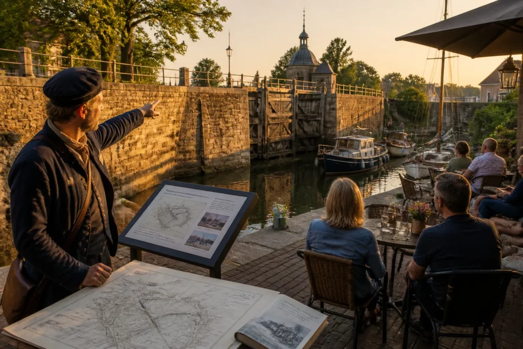 mensen aan een historisch terras bij een sluis kijken uit over de oude havenkolk terwijl iemand wijzend uitleg geeft