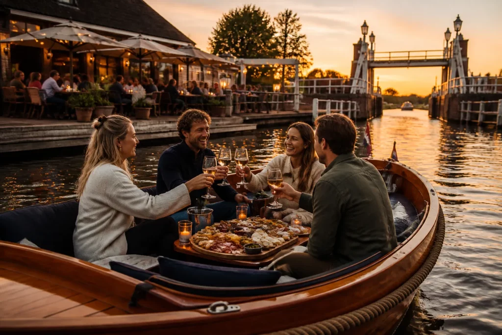 houten sloep met borrelplank vol hapjes naast waterterras bij een sluis in de avondzon