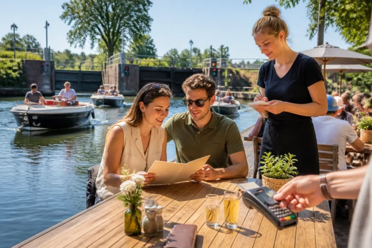 koppel aan houten tafel op terras bij de sluis bestelt lunch terwijl boten langsvaren