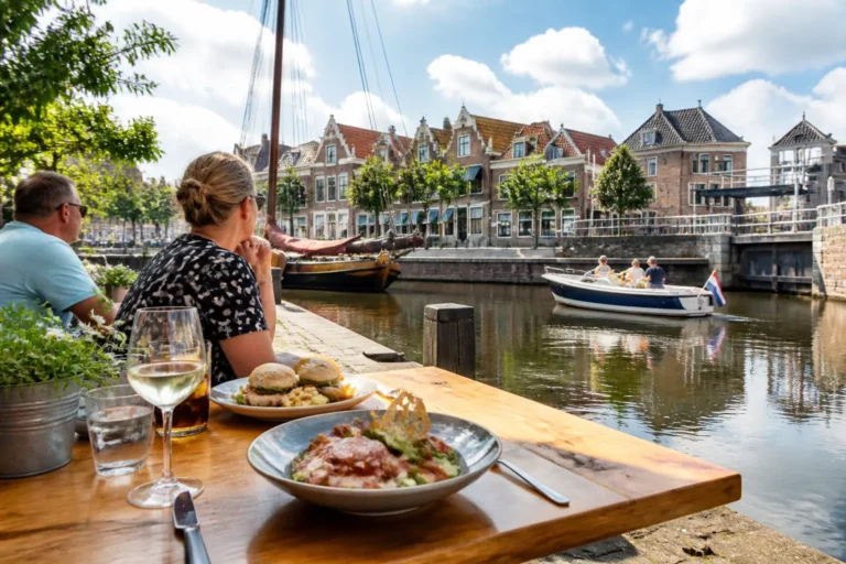 terras aan het water in blokzijl met lunchgerechten en zicht op passerende boten in de sluis