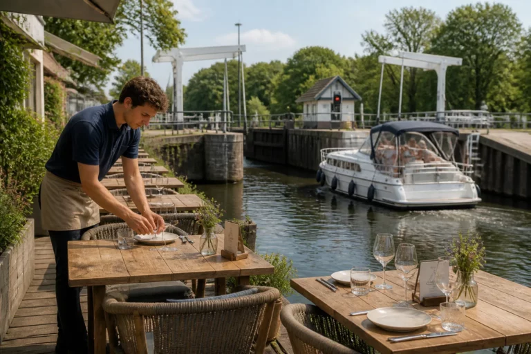 medewerker dekt houten terrastafels aan de sluis terwijl boten rustig passeren