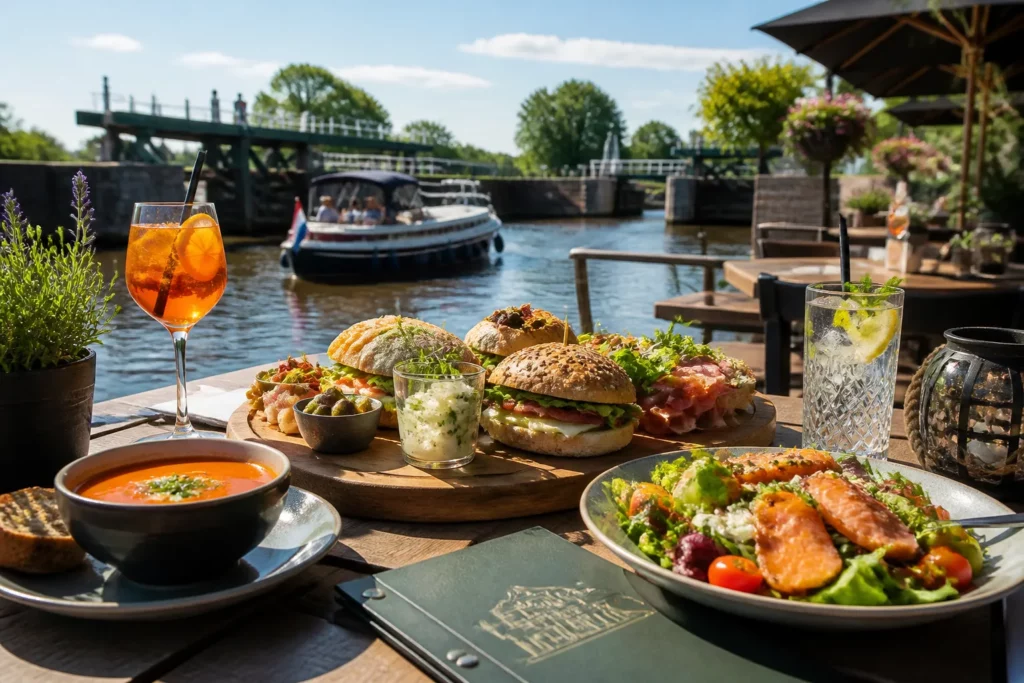 luxe houten terrastafels aan de sluis met uitgebreide lunchplanken en passerende boten op de achtergrond