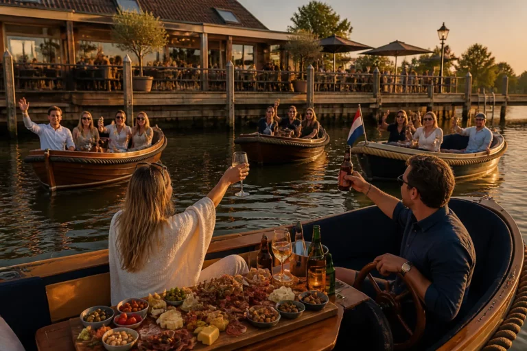 meerdere houten sloepen met borrelplanken op rustig water bij terras en kade