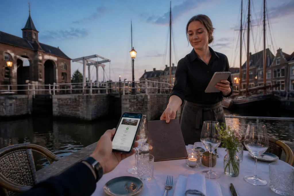 gedekte eettafel aan het water bij de sluis in blokzijl waar een gast met smartphone een reservering bevestigt