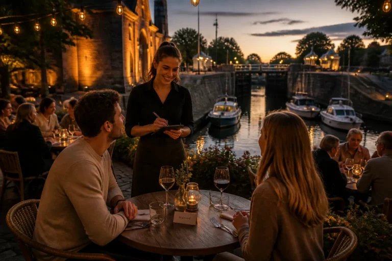 warm verlicht terras bij historische sluis waar serveerster een reservering bevestigt aan een stel met zicht op de havenkolk