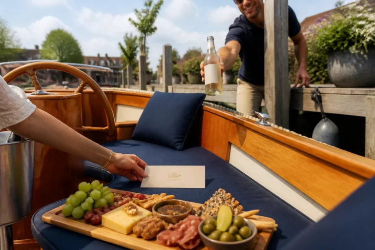 houten sloep met borrelplank aan steiger terwijl iemand een reserveringsbon neerlegt