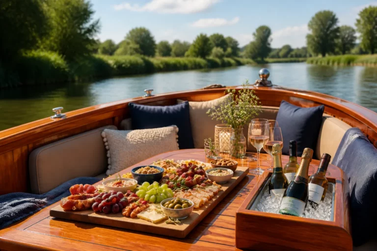 houten sloep met luxe borrelplank, glazen en flessen wijn op rustig water in overijssel