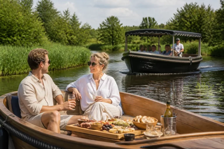 houten sloep met borrelplank en stel op rustig water, met tweede sloep met schipper op de achtergrond