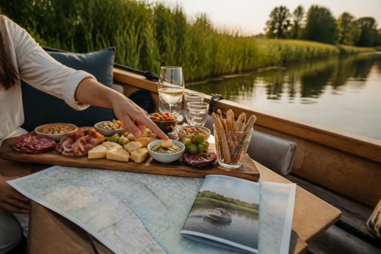 houten sloep met borrelplank vol hapjes en drankjes, iemand wijst onderzoekend naar de gerechten