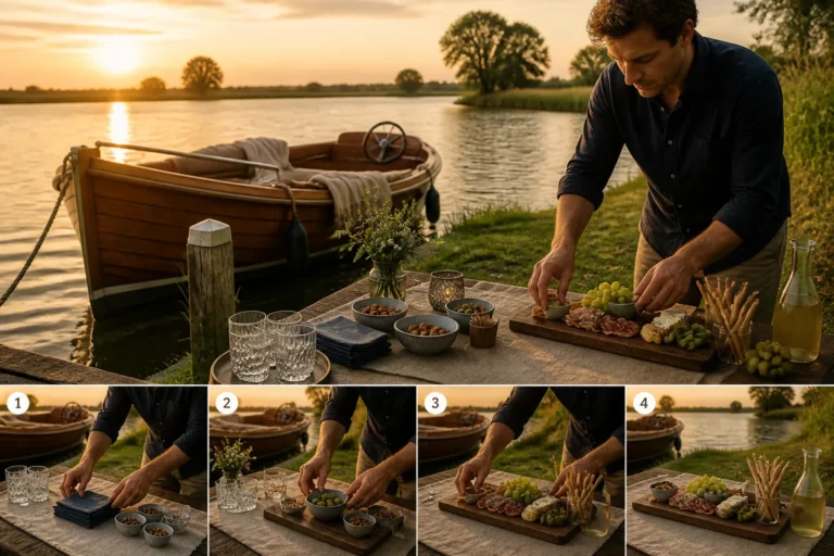 aangemeerde houten sloep waar een gastheer stap voor stap een borrelplank met hapjes en drankjes indeelt