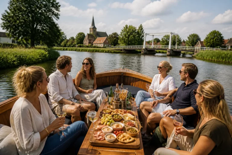 houten sloep met borrelplank en groep mensen die ontspannen varen langs groene oevers in overijssel