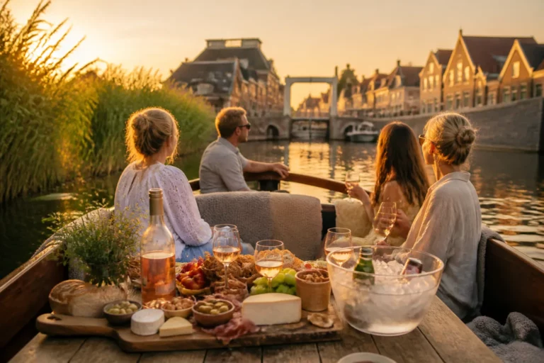 houten sloep met borrelplank en drankjes vaart langs rietkragen bij de sluis van blokzijl in avondlicht