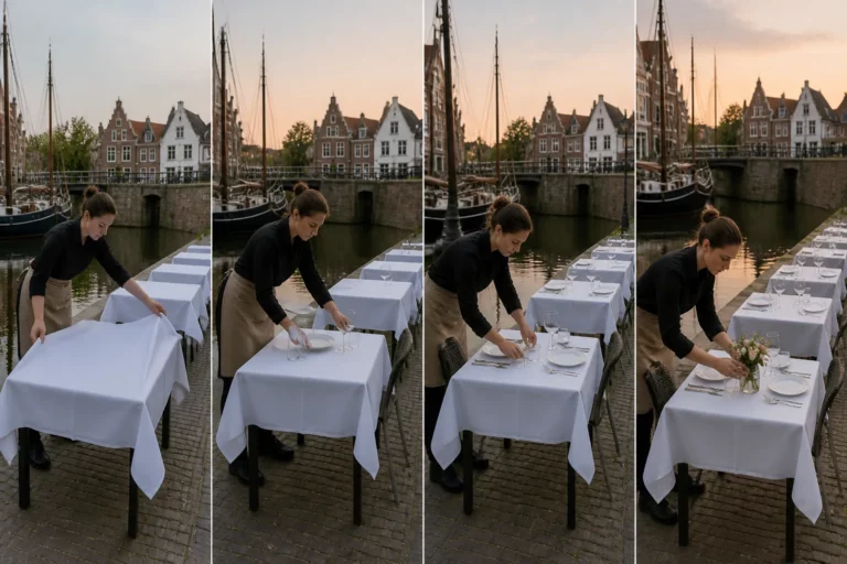 medewerker dekt stap voor stap een eettafel aan het water bij de sluis en oude havenkolk in blokzijl
