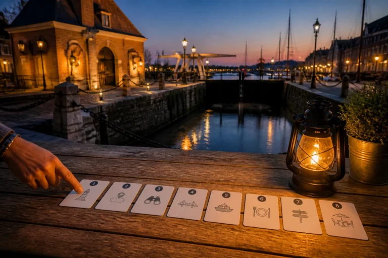 genummerde kaartjes met icoontjes op een houten terrastafel bij een warm verlichte sluis en havenkolk in de schemering