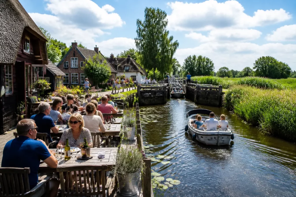 gezellig terras aan de sluis met houten tafels, etende mensen en passerende boten in waterrijke omgeving