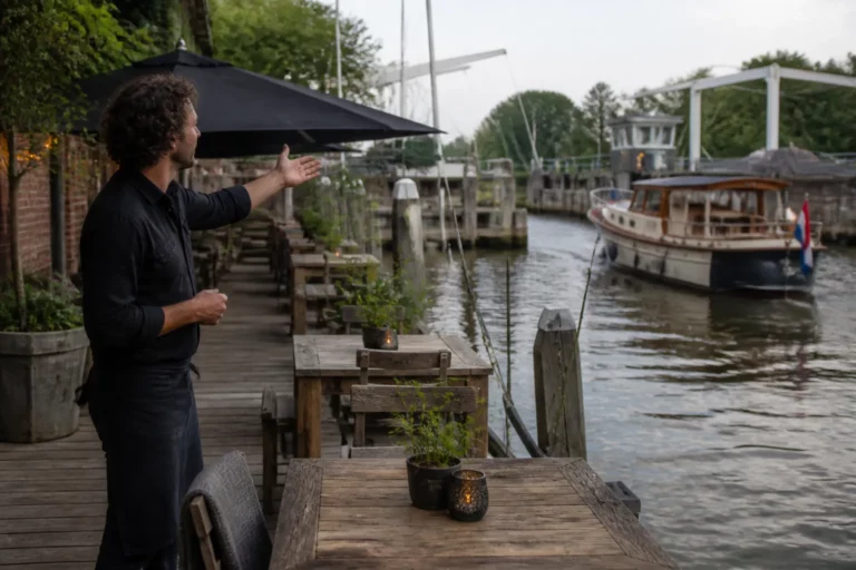 houten terras aan een sluis met tafels langs het water en passerende boot