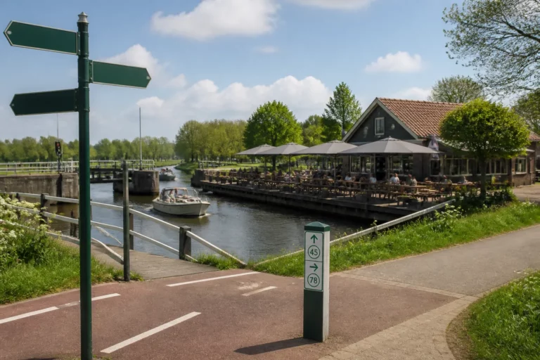 fietsrouteteken en knooppuntenpaal wijzen richting terras aan sluis met houten tafels aan het water