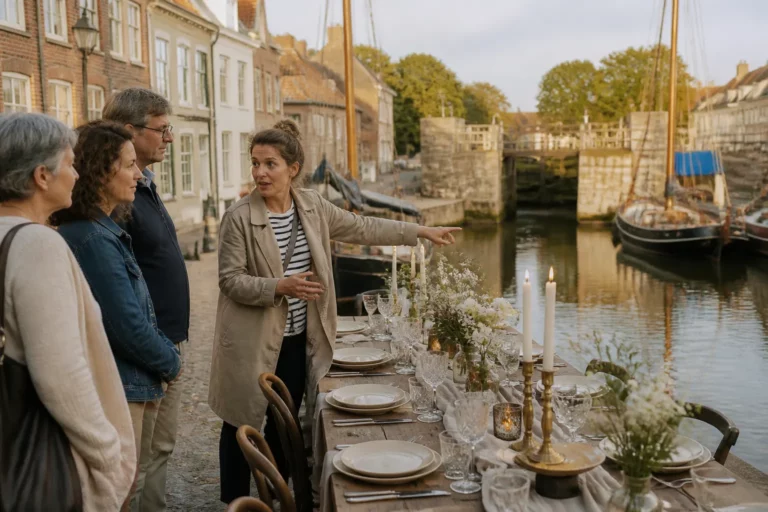 gids legt aan klein gezelschap een gedekte eettafel uit aan het water naast de sluis in blokzijl
