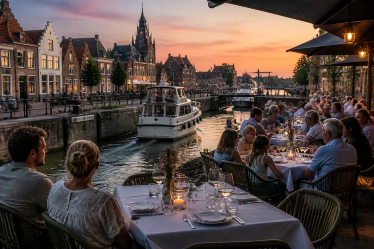 gezellige eettafels aan het water bij de sluis in Blokzijl met etende mensen en passerende boot