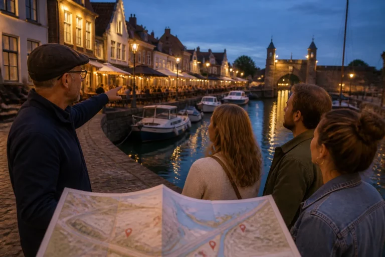 gids en bezoeker kijken uit over warm verlichte terrassen bij historische sluis en havenkolk